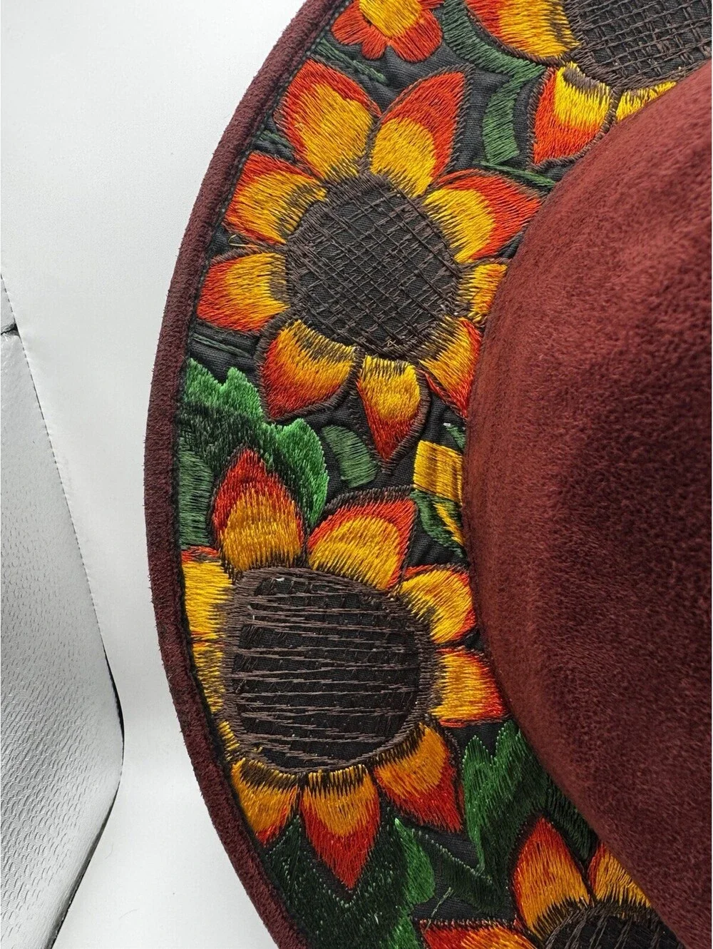 Mexican Artisanal Hand Embroidered Sunflower Fedora Hat Suede Boho Medium